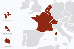 Carte montrant montant les différentes zones (en rouge) où nous intervenons : FRANCE (Métropolitaine et DOM-TOM) - SUISSE - BELGIQUE - LUXEMBOURG